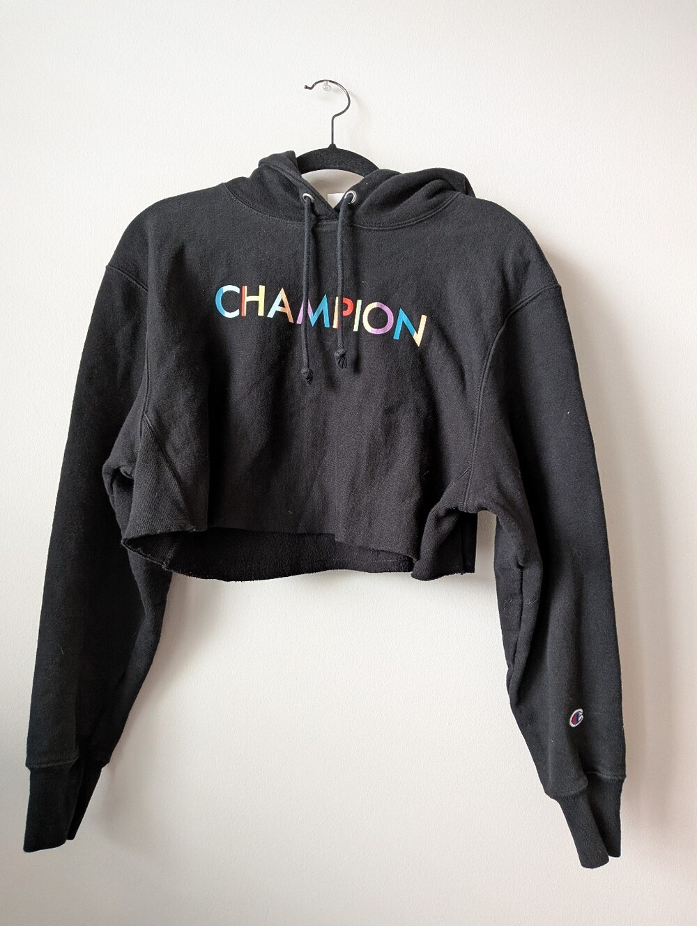 Champion reverse Weave Black Cropped Hoodie with Multicolor CHAMPION Logo